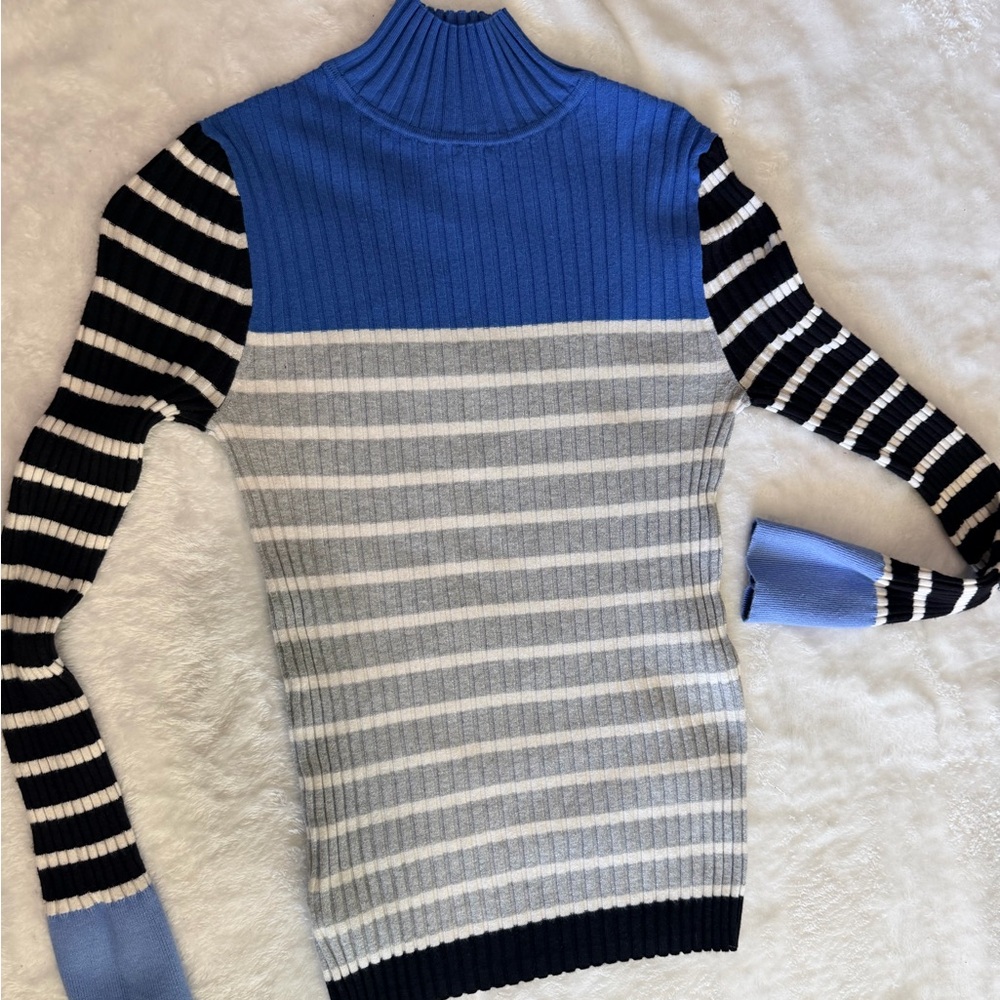 LOFT Blue and Black Striped Ribbed Turtleneck Sweater